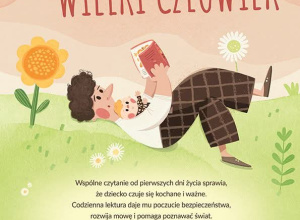 Grafika przedstawia mężczyznę leżącego na łące z małym dzieckiem ułożonym na klatce piersiowej. W rękach uniesionych do góry trzyma otwartą książkę.