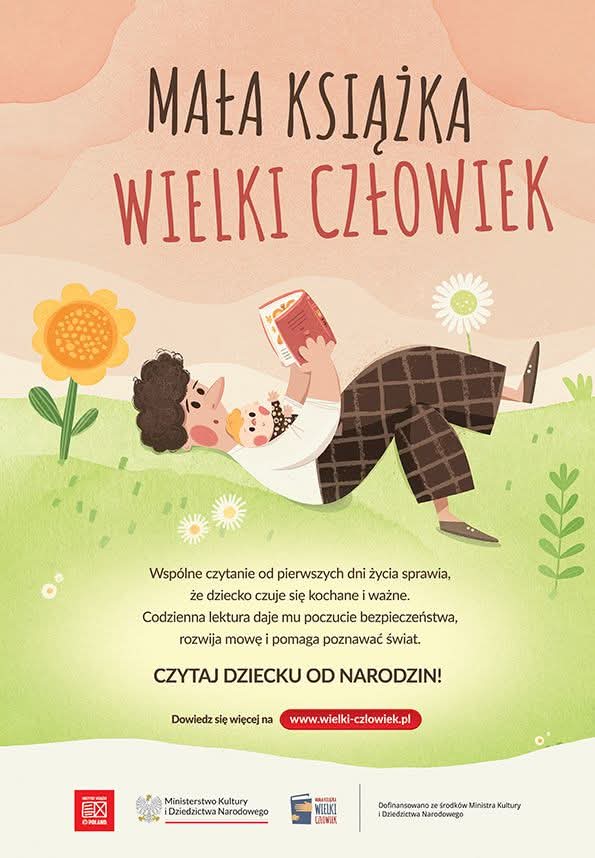 Grafika przedstawia mężczyznę leżącego na łące z małym dzieckiem ułożonym na klatce piersiowej. W rękach uniesionych do góry trzyma otwartą książkę.
