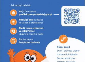 Plakat w kolorach białym, niebieskim i pomarańczowym przedstawia informacje o kampanii "Profilaktyka - podaj dalej". Plakat zawiera kod QR przenoszący na dedykowaną stronę internetową.