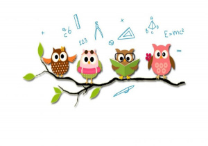 Na rysunku widać cztery sowy siedzące na gałęzi. Nad nimi są narysowane cyrkiel, ekierka, wzór matematyczny, cyfry.